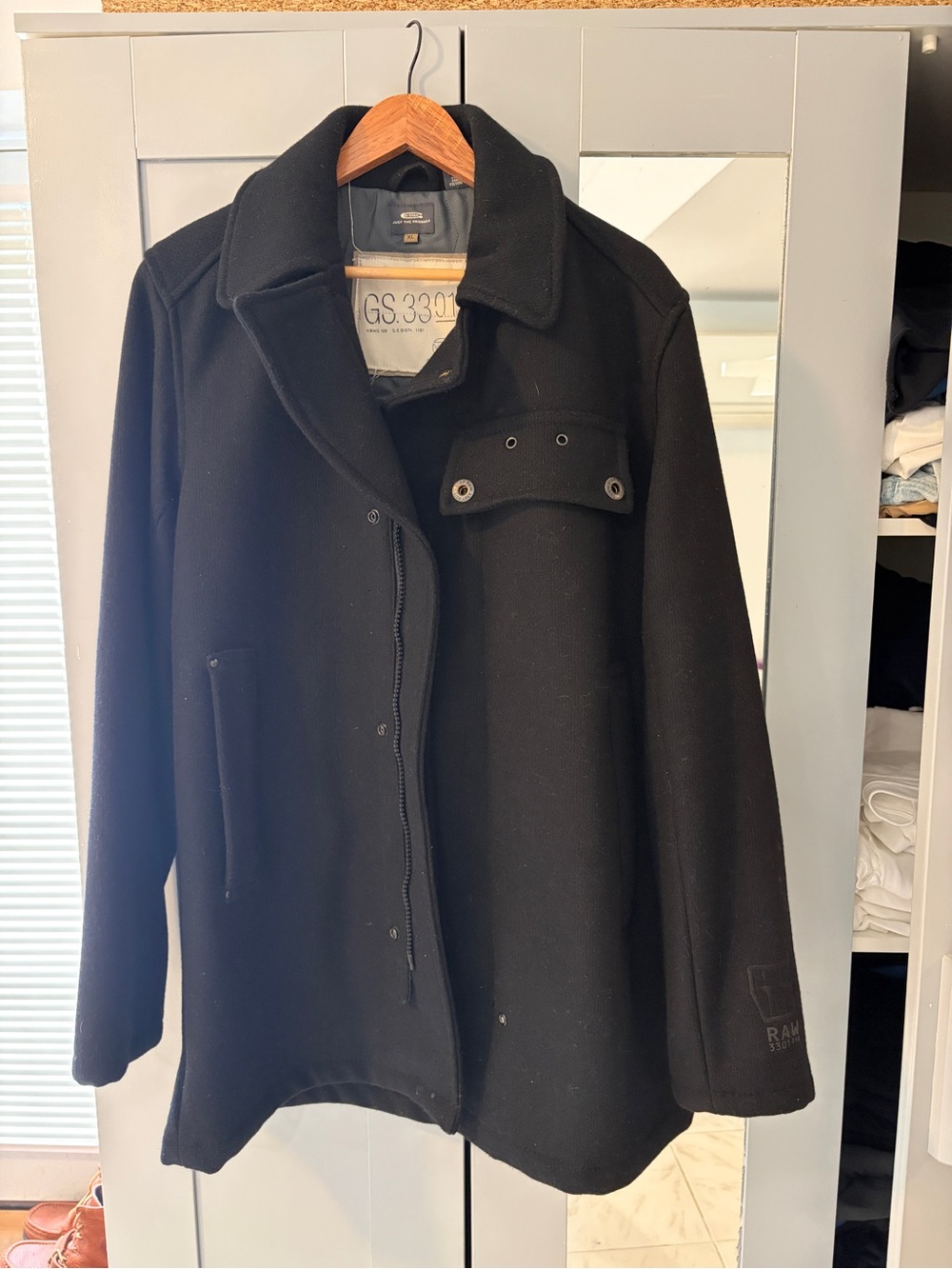 G-Star Black Wool Pea Coat with Snap Flap